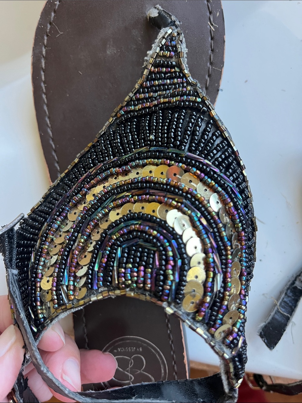 Jessica Simpson Black and Gold Beaded T-Strap Sandals - Picture 3 of 4
